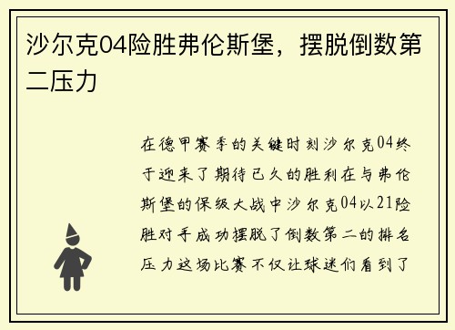 沙尔克04险胜弗伦斯堡，摆脱倒数第二压力